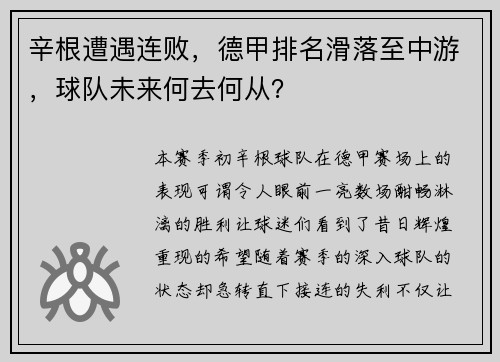 辛根遭遇连败，德甲排名滑落至中游，球队未来何去何从？